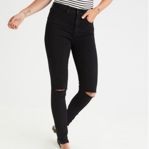 Black High Rise Skinny Crop Stretch Jeans with Rips in the Knees! Eunina - Picture 1 of 10